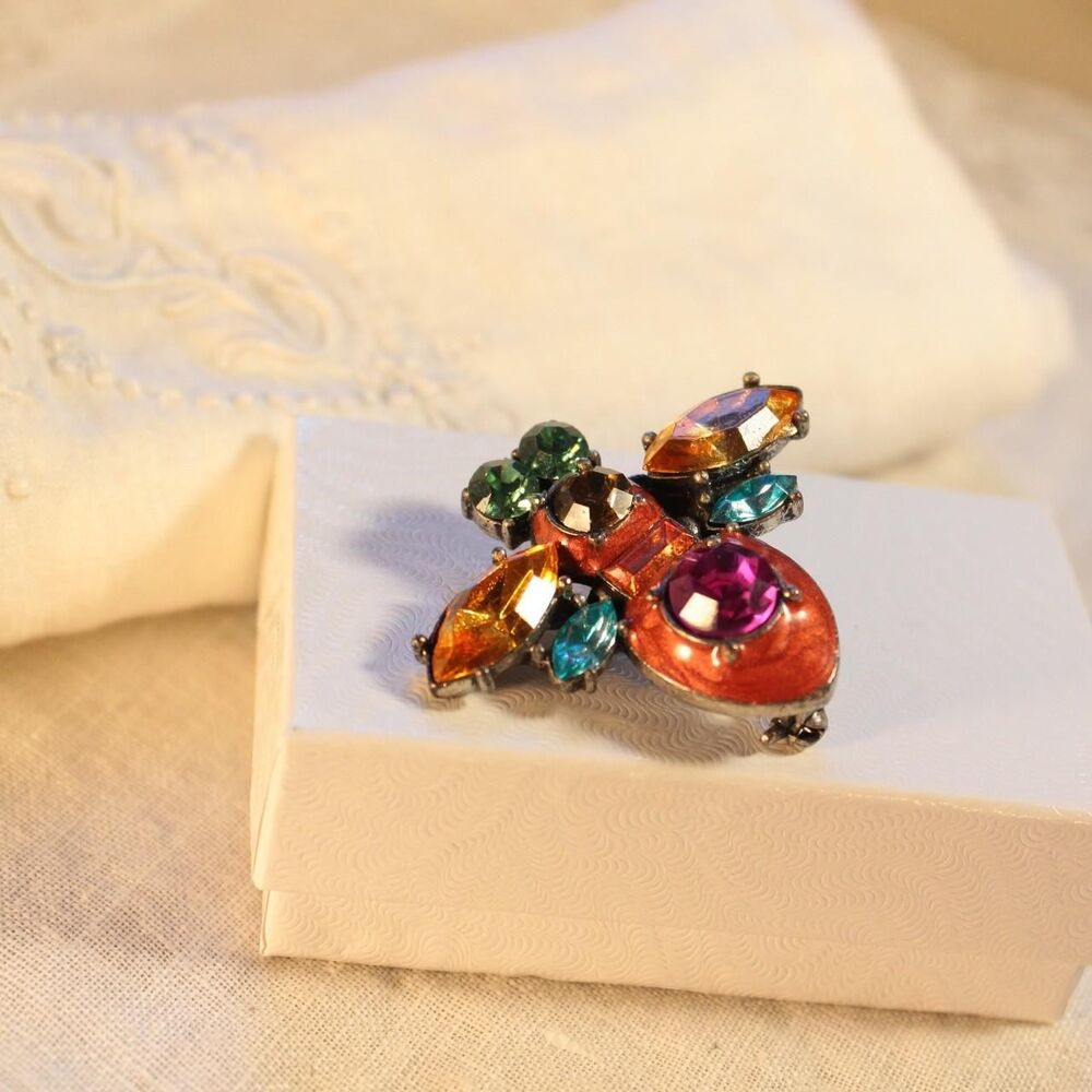Vintage-Style Multi-Color Rhinestone Bee Love Bug Brooch Pin